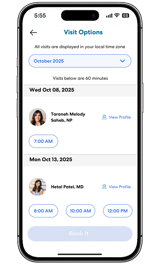 FlyteHealth self-scheduling screen in iPhone mockup